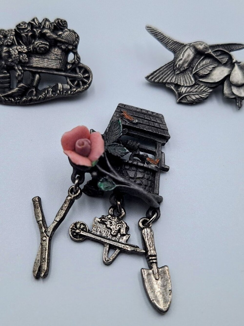 Birds & Blooms 3 Pin Lot Hummingbird Garden Cart Well w/ Rose Silver Brooch Pins